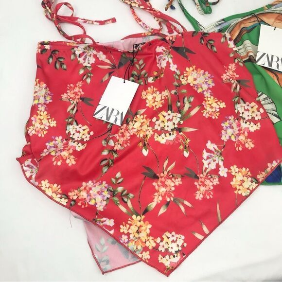 Zara Bundle of Two Red Floral Green Tropical Print Bandana Cami Tank Tops - Picture 9 of 12